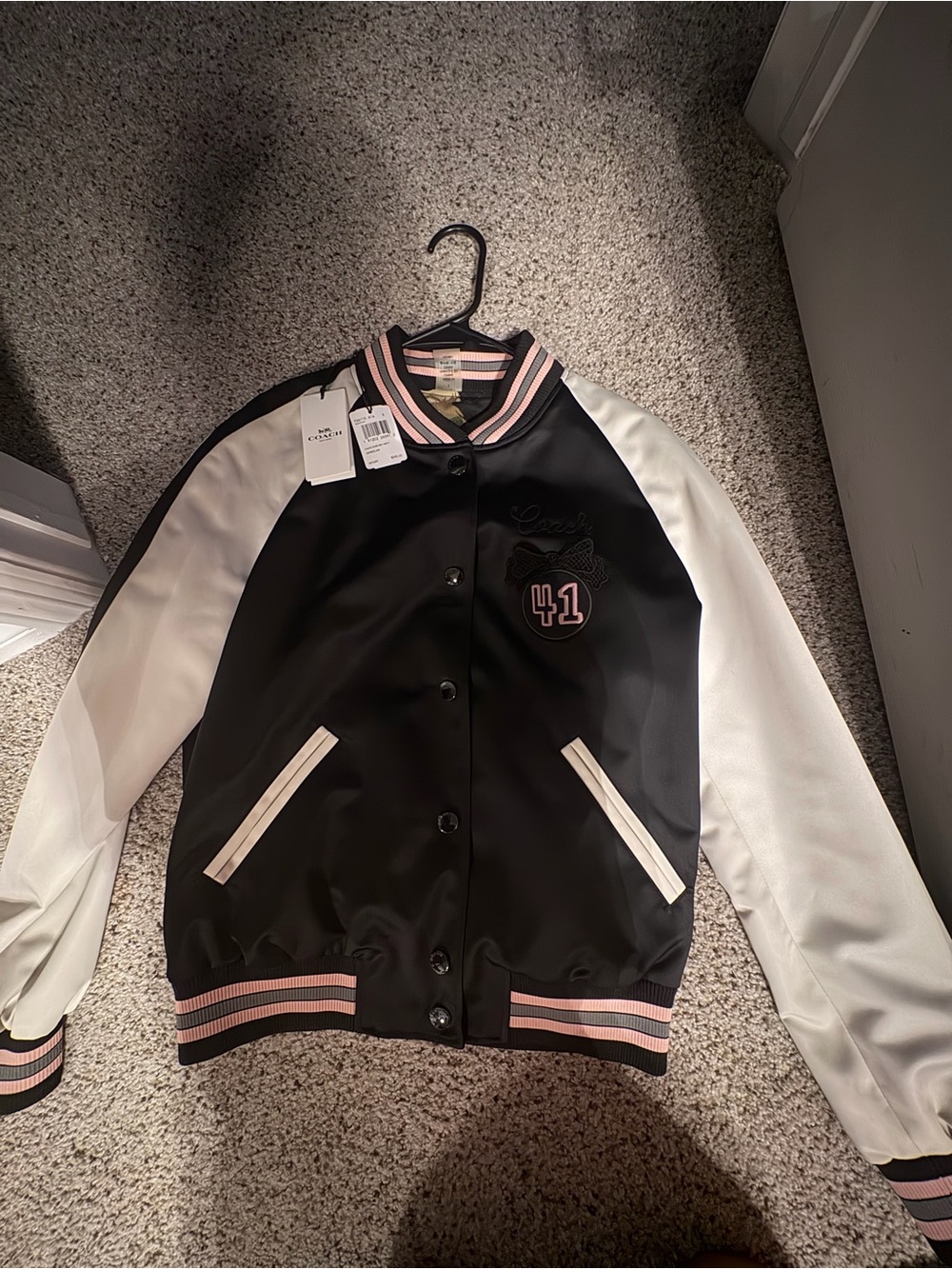 Coach Black and Pink Trim Satin Bomber Jacket